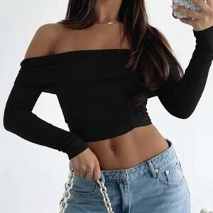 white fox off the shoulder fold over crop top